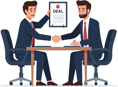 Business negotiation between two men in suits shaking hands over deal agreement in office setting