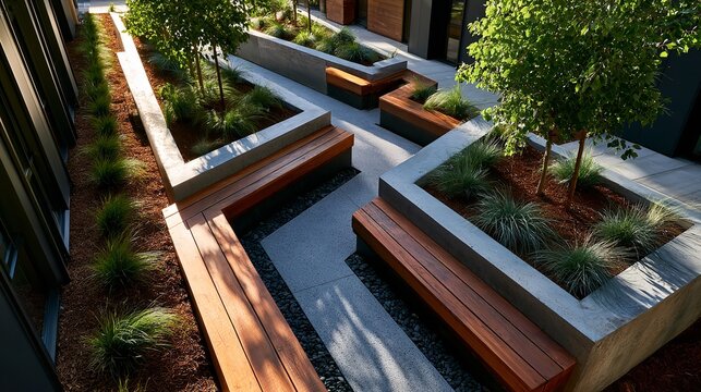 A serene architectural courtyard features modern L-shaped wooden benches integrated with raised concrete planters and surrounding lush greenery in a bright outdoor urban space