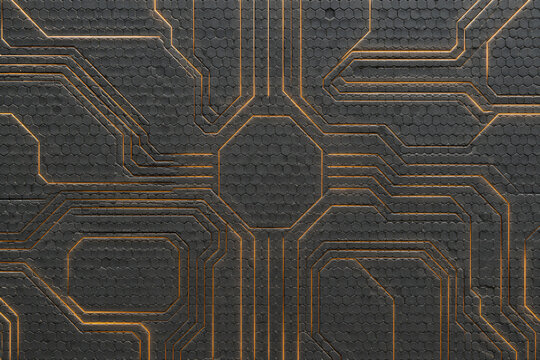 Industrial Macro Photograph of a Flat Phase Change Material Substrate with Hexagonal Grid Paths and Pale Amber Light.