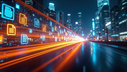 Obraz premium Digital data streams through city at night with neon lights. Documents move fast on glowing orange lines across urban landscape. Futuristic network transfers info online.
