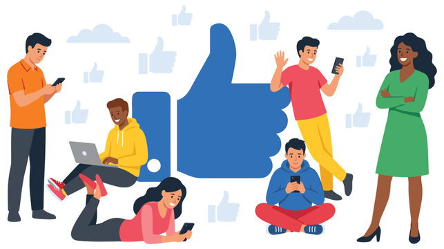 Social media community people using smartphones and computer tech.