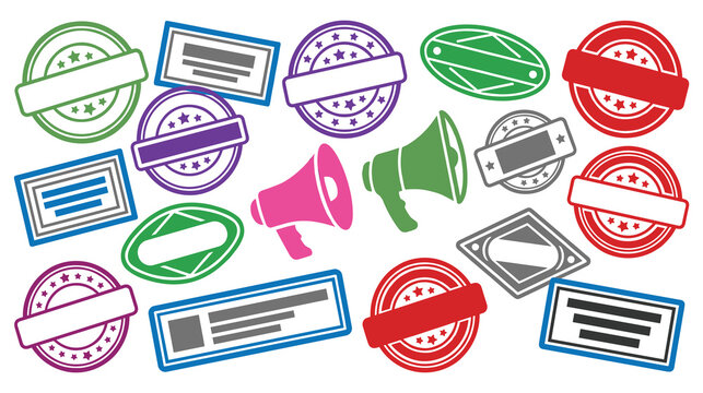 Collection of blank colorful postal stamps and megaphone symbols.
