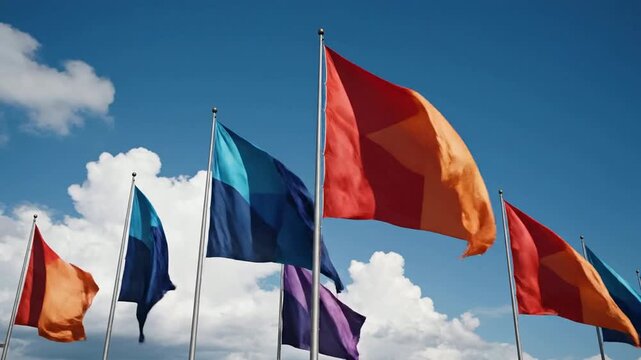 Vibrant multicolored flags waving against a clear blue sky, representing diversity, unity, and celebration in a dynamic outdoor setting