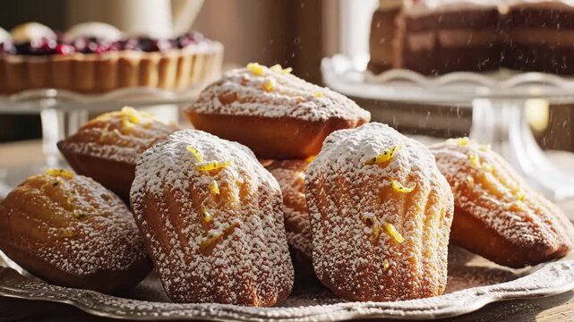 Closeup of shell shaped madeleines with characteristic hump and lemon zest and dusting sugar in soft afternoon light, French bakery aesthetic food concept for commercial use