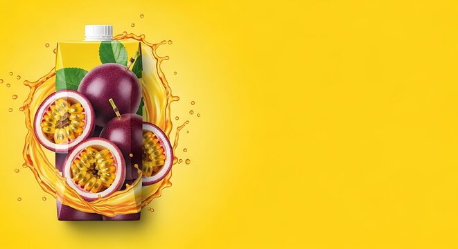 Passion fruit juice packaging mockup with fresh fruit and splash on yellow background