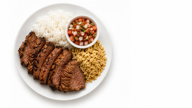 Churrasco brasiliano con riso farofa e vinagrete su piatto bianco. Generative AI 