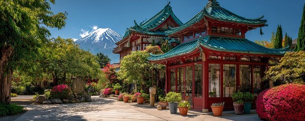 Fototapeta premium The traditional red architecture of a Japanese pavilion with turquoise roofs sits nestled among lush greenery with a clear view of Mount Fuji in the bright distance