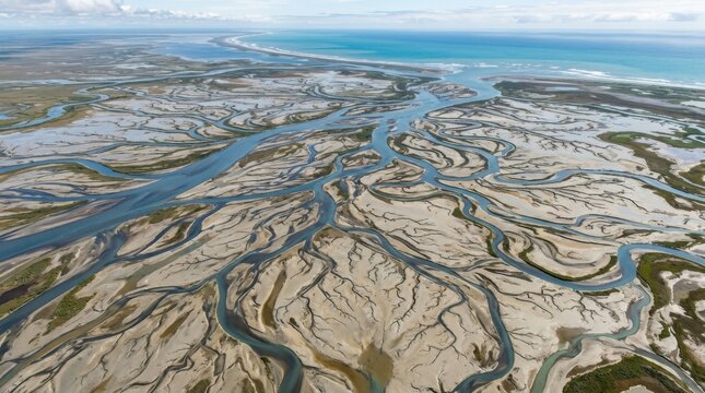 Aerial view of a braided river system flowing into the ocean, showcasing natural beauty.