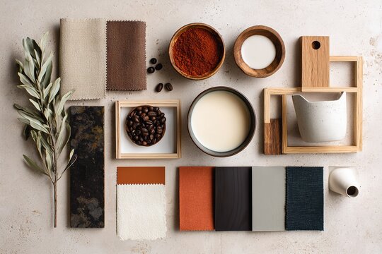 An organized flat lay composition displays scattered coffee beans wooden frames milk in ceramic bowls and various fabric textures across a smooth neutral-toned surface
