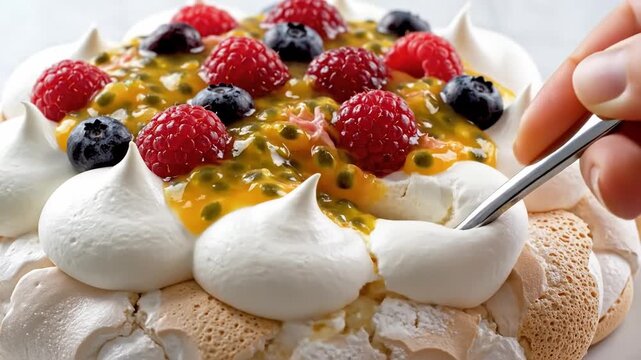 Extreme closeup of pavlova meringue with cracking surface topped with passion fruit pulp and berries and whipped cream in bright airy lighting, delicate texture dessert concept