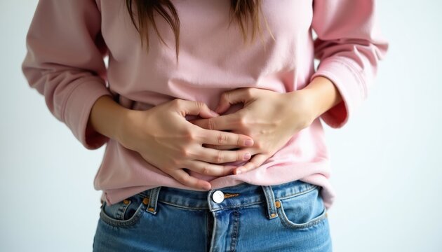 Woman holds stomach in pain from monthly cycle discomfort. Female suffers abdominal ache feeling unwell. Period cramps cause distress and agony.