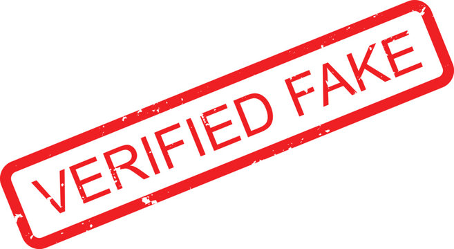 Critical red grunge rubber stamp identifying VERIFIED FAKE for fraudulent items or information