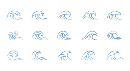 Naklejka premium Wave icon vector set, blue ocean and water symbol collection featuring flowing wave illustrations for logos, branding, marine themes, wellness design, and environmental graphics