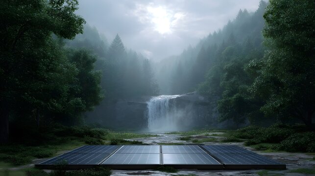 A dense misty forest scene is captured with soft diffused light filtering through the atmospheric fog and tall trees