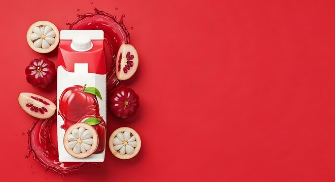 Vibrant mangosteen juice splash with fresh fruit on a bold red background product promotion