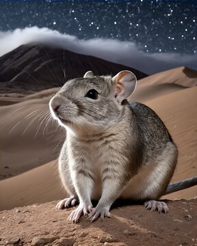 A viscacha rat  genetic hybrid experiment  fantasy animal, fictional species in a starlit cosmic dunes