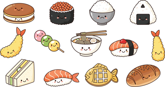 Set of Cute and Kawaii Food Icons Including Sushi, Noodles, Sweets, and Snacks &ndash; Adorable Vector Illustrations