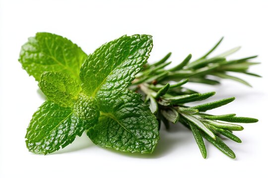 Herbal greens composition featuring mint and rosemary on a pristine white backdrop