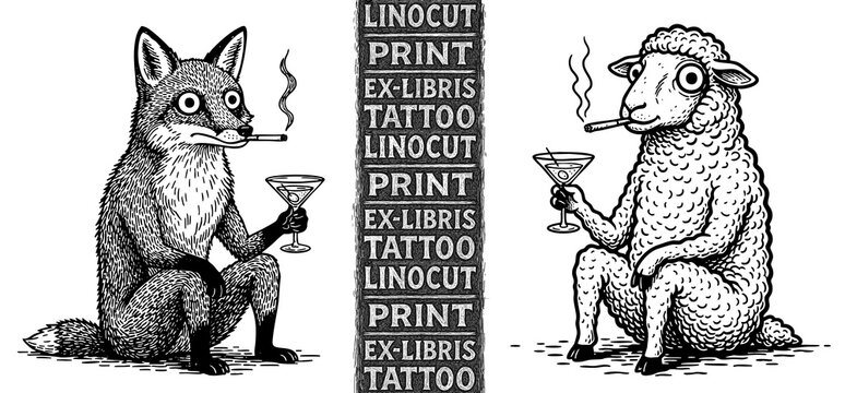Fox, sheep, ram, alcoholic drink, cigarette, tattoo, print, linocut stamp, ex libris, ink