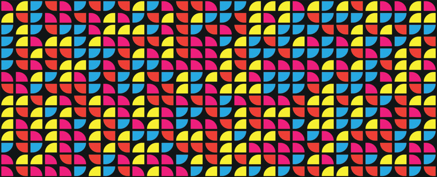 Bright semicircle seamless pattern. Abstract geometric half circle and square background. Colorful Swiss modernist or postmodernist style wallpaper. modern