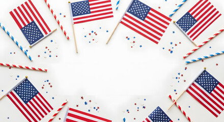 Obraz premium 4th july celebration american flags confetti patriotic party decorations flatlay