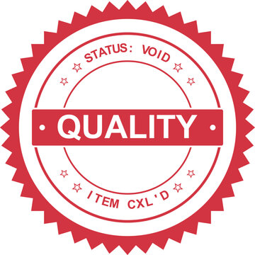 A distinct red quality status void item cancelled stamp with a scalloped edge for material rejection