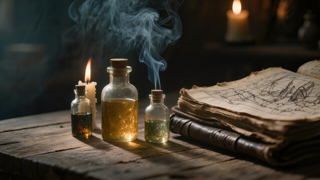 Alchemist Desk with Glowing Vials Open Grimoire and Mysterious Smoke