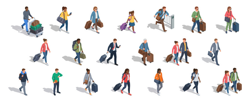 Isometric airport travelers walking with luggage | Diverse passengers with suitcases and bags going to flight terminal | Vector illustration set