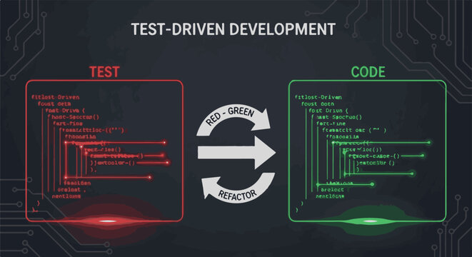 Software development coding on dark digital interface with red neon highlights and circuit background