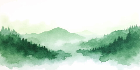 A beautiful morning mist settles over a scenic mountain valley forest at sunrise as the golden sun breaks through the clouds on the horizon © alllluuuu