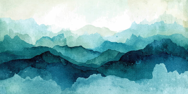 A scenic summer landscape of mountains and an iceberg in the blue sea under a sky with clouds at sunset