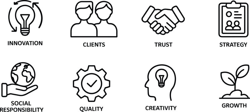 Black and white of eight business concepts: innovation, clients, trust, strategy, social responsibility, creativity, growth