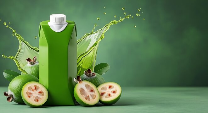 Feijoa juice product shot with fresh fruit and splash healthy beverage concept