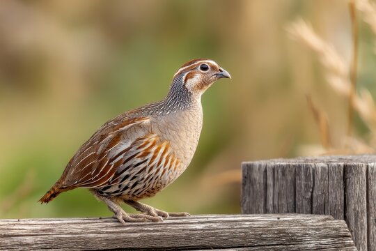 Coturnix japonica perched on a weathered wooden fence in natural light