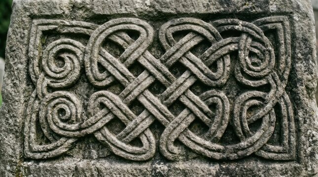 Intricate Celtic Knotwork Carving on Ancient Stone Surface, Detailed Close-up.