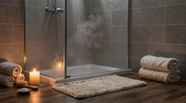 Shower running with stacked towels and candle on floor