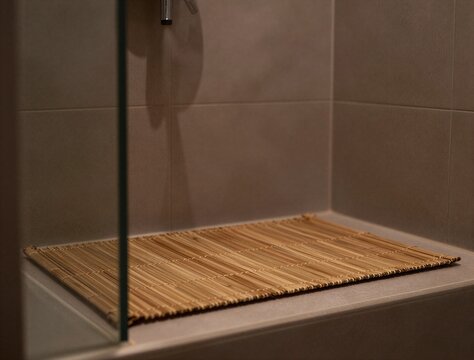 Bamboo mat placed on shower bench in tiled bathroom