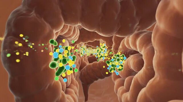 Colorful 3D Visualization of Human Digestive Tract Featuring Microbiome Interactions and Flowing Particles Illustrating Nutrient Absorption Processes in a Vivid Anatomical Environment