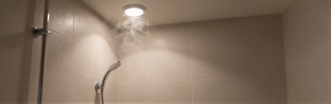 Showerhead releasing steam in tiled bathroom ceiling area