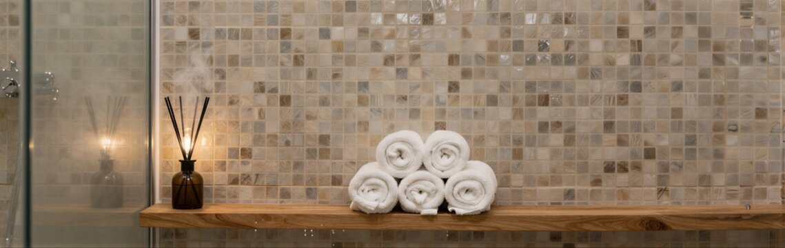 Rolled towels stacked on wooden shelf in tiled spa wall