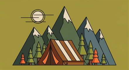 Camping scene illustration with tent mountains trees and sun design © Arisa