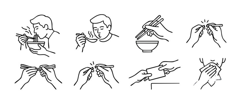 Eating Etiquette Icons Set, Chopsticks Usage Guide, Dining Manners Illustrations for Asian Cuisine, Ramen Dining Steps, Table Manners Symbol Collection for Restaurant Menu Design or Culinary Instructi