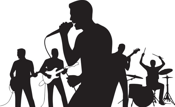Silhouette of a band performing on stage with musical instruments isolated on white background