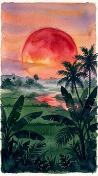 Watercolor Tropical Village Landscape with Banana Palms and Large Sunset Sun, Vertical Background for Book cover