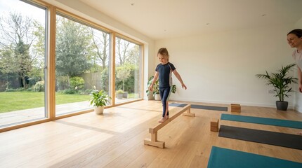 Fototapeta premium A young girl carefully walks on a wooden balance beam in a bright studio. Her instructor watches with a smile. The atmosphere is encouraging. Useful for child development and health content.