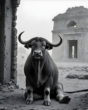 A black and white takin  genetic hybrid fantasy animal, fictional species , sitting in a ruin plain