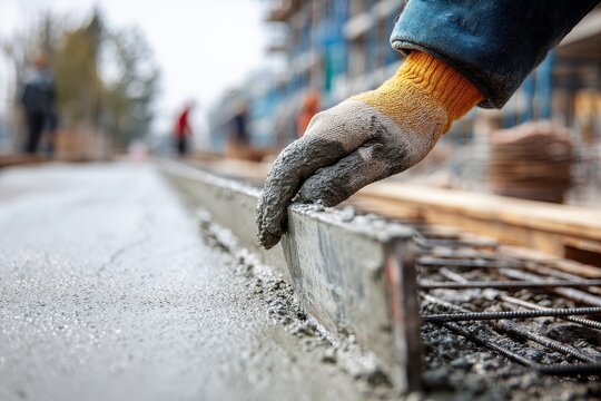Close-up of a gloved hand smoothing fresh wet cement with a screed on a construction site