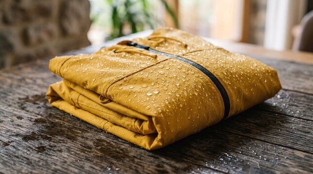 A mustard-yellow jacket with water droplets on its surface, neatly folded and secured with a strap on a rustic wooden table