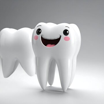 Smiling cartoon molar with rosy cheeks and open mouth. Behind is another tooth, all are white against a grey gradient