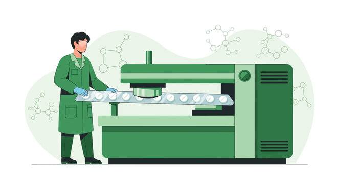 Pharmaceutical production: scientist inspects blister packs of pills on manufacturing machine